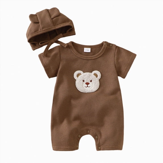 Xyant Baby Girls Boys Cotton Romper with Bear Patch Short Sleeve Waffle Style 3 6 9 12 18 Infant Baby Boy Summer Clothes (Coffee,9-12 Months)