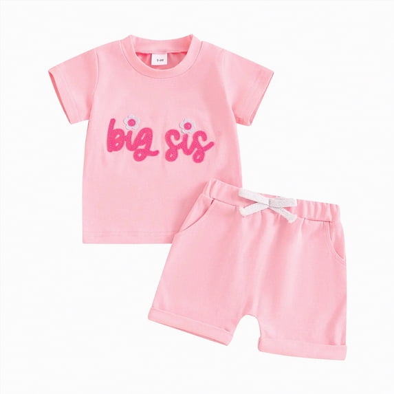 Xyant Big Sister Little Sister Matching Outfits Letter Print Short Sleeve Shirt Tops Shorts Set Summer Clothes for Toddler Kids (Red,12-18 Months)