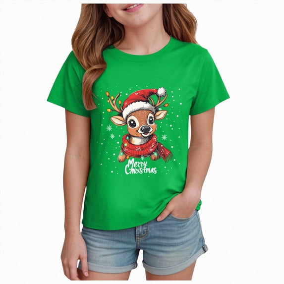 Xyant Boy Girl Christmas Shirt Reindeer Merry Christmas Print T-Shirt Kids Toddler Short Sleeve Funny Xmas Graphic Holiday Tee Tops, Size 11-12 Years