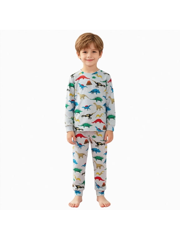 Boy Pajamas Soft Cotton Dinosaur Pjs 2 Piece Set Toddler Kids Long Sleeve Sleepwear 2-8 Years (Dark Gray,5-6 Years)