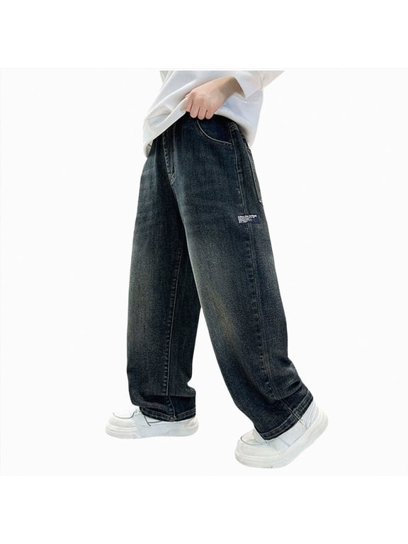 Boys Baggy Jeans Kids Elastic Waist Side Striped Wide Leg Denim Pants with Pockets Kids Jeans (Blue,6-7 Years)