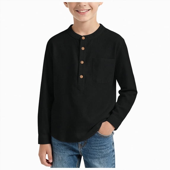 Xyant Boys Button Up Henley Shirts Long Sleeve Fall Cotton Shirt Kids Casual Tees Tops Chest Pocket, Solid Color Basic Winter T-shirts (Black,11-12 Years)