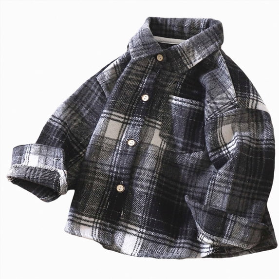 Xyant Boys Girls Flannel Plaid Shirt Jacket Toddler Kids Long Sleeve Lapel Button Down Pocketed Shirts Regular Fit Casual Fall Coat (Black,3-4 Years)