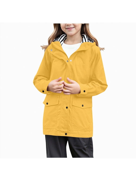 Boys & Girls Waterproof Rain Jacket Lightweight Rain Coat Hooded Windbreaker (Yellow,7-8 Years)