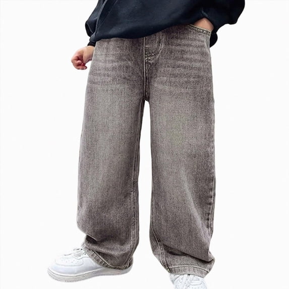 Xyant Boys Jeans Baggy Straight Leg Elastic Waist Loose Denim Pants with Pockets (Grey,14-15 Years)