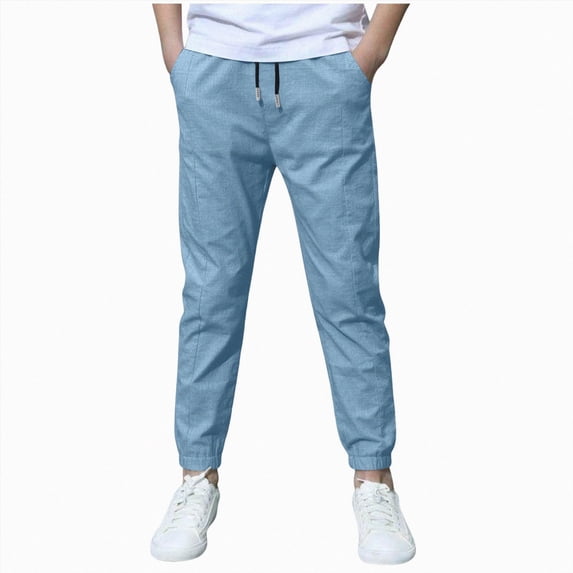 Xyant Boys Linen Pants School Uniform Chino Pants Kids Drawstring Elastic Waist Pull on Twill Jogger Pants with Pockets Kids Joggers Boys (Dark Blue,4-5 Years)