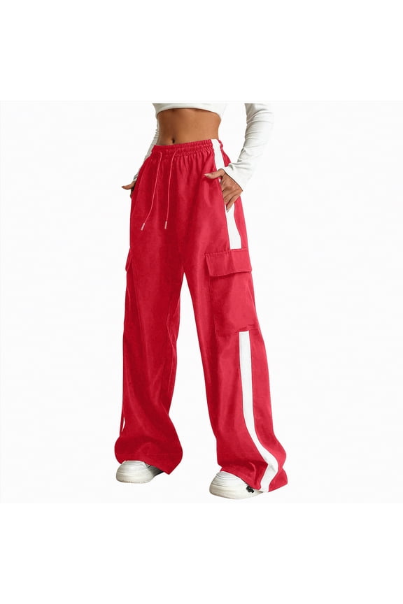 Cargo Pants for Girls Baggy Straight Wide Leg Track Pants Striped Joggers with Pockets Athletic Streetwear Sweat Pants for Girls,(Red,9-10 Years)