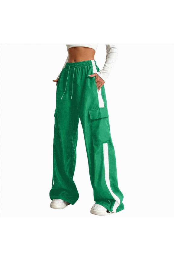 Cargo Pants for Girls Y2k Striped Wide Leg Elastic High Waist Parachute Joggers Trendy Baggy Streetwear Trousers Multi-Pockets Girls Sweatpants,(Green,11-12 Years)