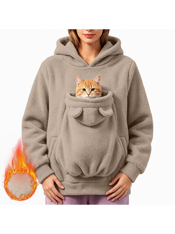 Cat Pouch Hoodie Long Sleeve Kitten Puppy Holder Hoodies Front Large Pouch Pet Carrier Sweatshirt for Wonmen