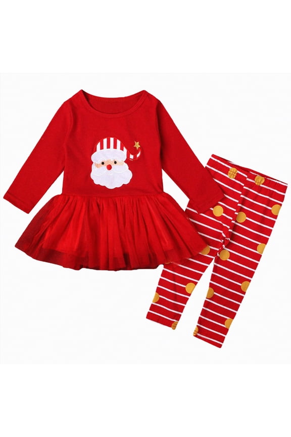 Christmas Outfit Toddler Baby Girl Santa Tree Print Tunic Drees Shirt Stripe Pants Fall Winter Clothes (Red,2-3 Years)