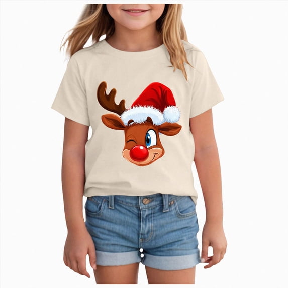 Xyant Christmas Shirt Kids, Boys Girls Reindeer Print Crew Neck Short Sleeve T Shirts Toddler Xmas Holiday Casual Graphic Tee Tops, Size 7-8 Years