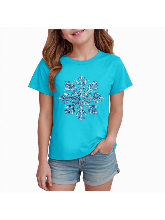 Christmas Shirt for Kids, Boys Girls Snowflake Print T-Shirt Toddler Xmas Graphic Tees Cotton Short Sleeve Tops, Size 11-12 Years