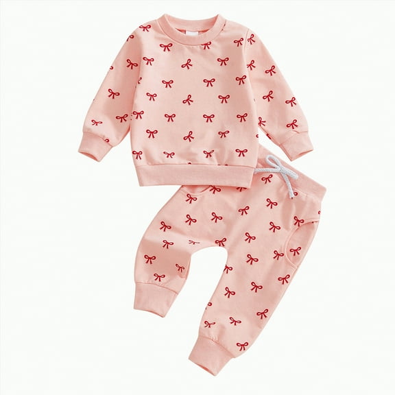 Xyant Fall Baby Girl Clothes Toddler Girl Outfit Bow Crewneck Sweatshirt Long Sleeve Shirt Pants Winter Clothing Set (Pink,18-24 Months)