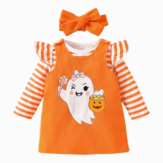 Xyant My First Halloween Baby Girl Outfit Pumpkin Ruffle Long Sleeve Romper Overall Dress Headband Set Cute Fall Winter Clothes for Baby Girl (Orange,9-12 Months)