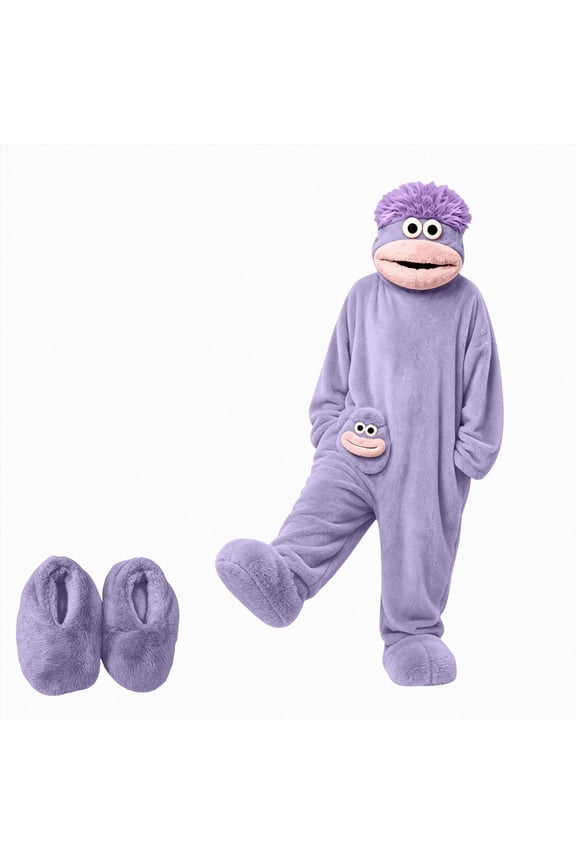 Funny Big Mouth Monster Onesie Pajamas for Boys Girls 2-10 Years Oversized Plush Fleece Hooded One Piece for Sleep & Party (Purple,5-7 Years)