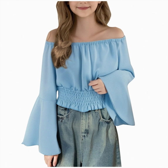 Xyant Girl's Off The Shoulder Crop Top Long Sleeve Ruched Blouse Shirt Boho Outfits (Blue,11-12 Years)