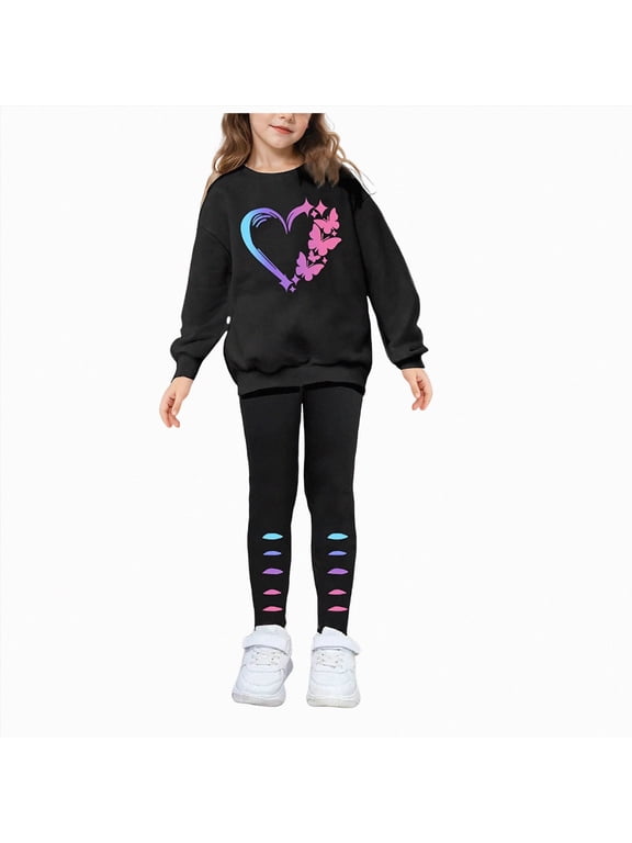 Girls 2 Piece Pant Set Little Girls Clothes Tween Girl Clothes Printed Long Sleeve Sweatshirt and Leggings Outfit Set, Size 5-6 Years