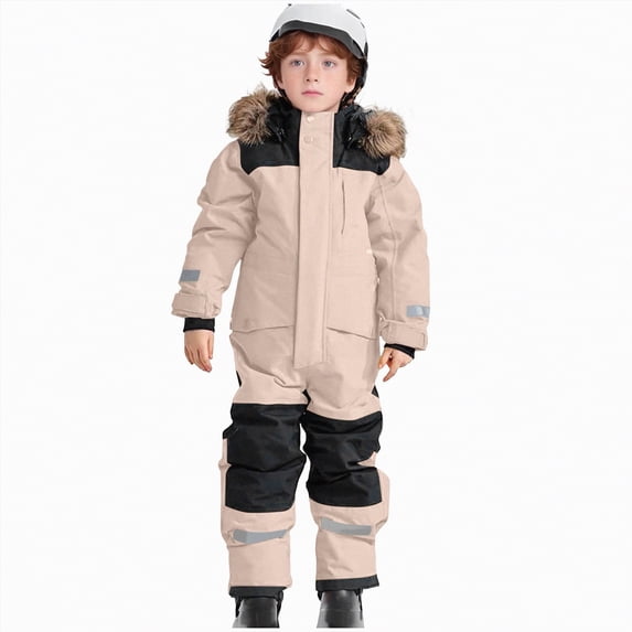 Xyant Girls Boys Snow Suit Kids One Piece Snowsuit Waterproof Windproof Winter Jumpsuits Overalls Snowboarding Kids Toddler Ski Suit (Beige,3-4 Years)