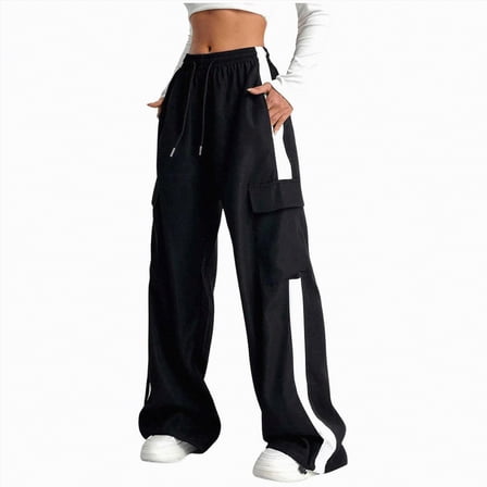 Xyant Girls Cargo Pants Baggy Straight Wide Leg Track Pants Striped Joggers with Pockets Athletic Streetwear Sweat Pants for Girls,(Black,13-14 Years)