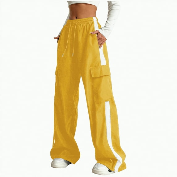 Xyant Girls Cargo Pants Baggy Straight Wide Leg Track Pants Striped Joggers with Pockets Athletic Streetwear Girls Sweatpants,(Yellow,9-10 Years)