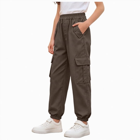Xyant Girls Cargo Pants Elastic Waist Drawstring Joggers with Pockets Lightweight Casual Trousers for Kids 5-16T (Coffee,9-10 Years)