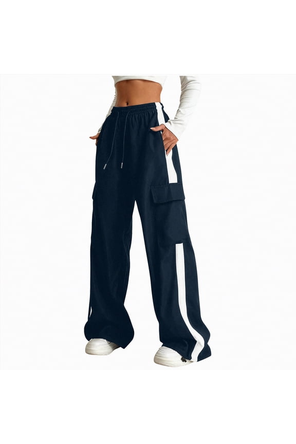 Girls Cargo Pants Y2k Striped Wide Leg Elastic High Waist Parachute Joggers Trendy Baggy Streetwear Trousers Multi-Pockets Sweat Pants for Girls,(Navy,9-10 Years)