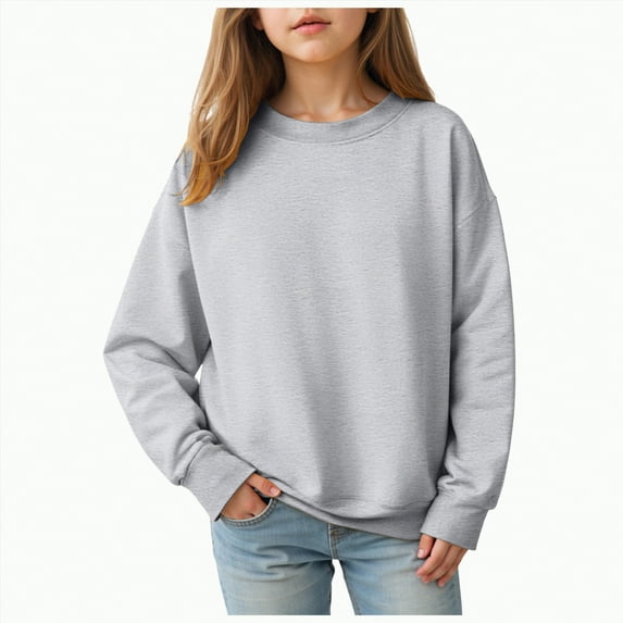 Xyant Girls Casual Crewneck Sweatshirts Long Sleeve Cute Solid Color Pullover Oversized Lightweight Fleece Tops (Light Gray,9-10 Years)