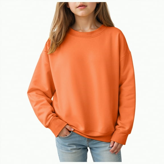 Xyant Girls Casual Crewneck Sweatshirts Long Sleeve Cute Solid Color Pullover Oversized Lightweight Fleece Tops (Orange,5-6 Years)
