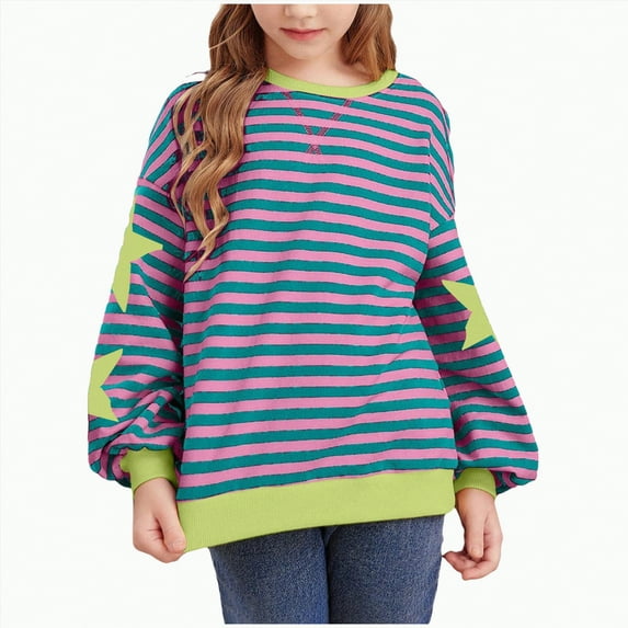 Xyant Girls Crewneck Oversized Sweatshirt Cotton Long Sleeve Sweatshirts for Girls Striped Color Block Tops (Green,5-6 Years)