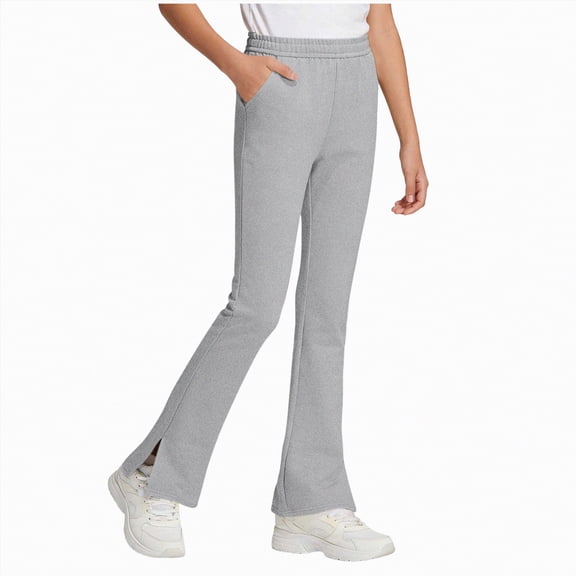 Xyant Girls Flared Leggings High Waisted School Uniform Pant Bell Bottom Leggings with Hidden Pockets (Grey,13-14 Years)