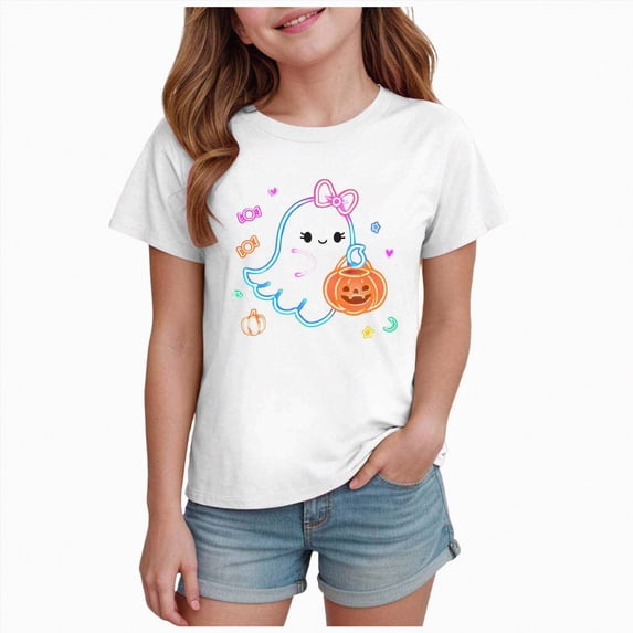 Xyant Girls Halloween Shirt Cute Pumpkin Ghost Tshirt Short Sleeve Tee Tops Toddler Kids Spooky Season Fall Outfits,Size 7-8 Years