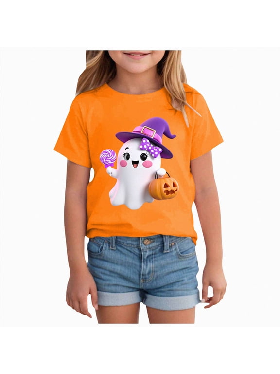 Girls Halloween Shirt Cute Pumpkin/Ghost Tshirts Fall Shirts Kids Toddler Spooky Season Tee Halloween T Shirts Girls,Size 2-14 Years