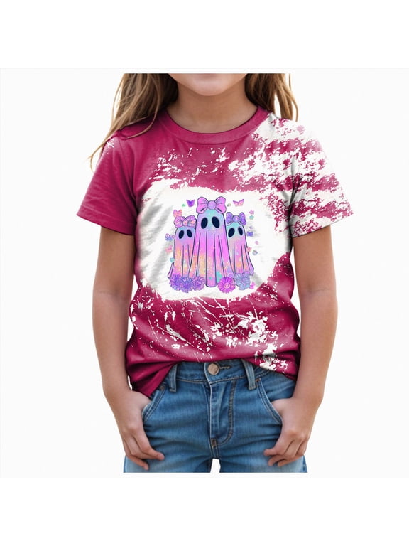 Girls Halloween Shirt Ghost Shirts Spooky Season Tees Kids Toddler Short Sleeve Fall Tops Outfits Girls Halloween Tshirt,Size 2-14 Years