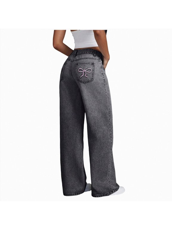 Girls Jeans Y2K Elastic Waist Wide Leg Baggy Loose Denim Pants Kids Trousers Streetwear (Grey,11-12 Years)