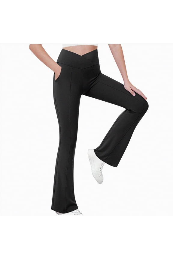 Girls Leggings Flare Cross High Waisted Pants Yoga Bootcut Pants Solid Color Full Length Bell Bottoms (Black,13-14 Years)