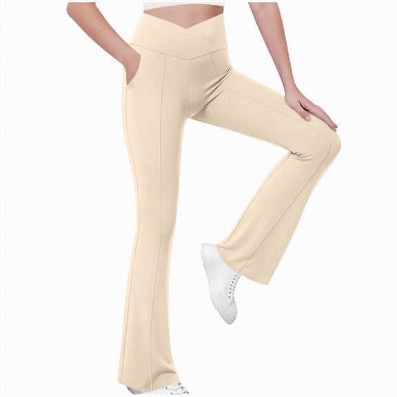 Xyant Girls Leggings Flare Crossover High Waisted Pants Kids Bootcut Leggings Full Length Bell Bottoms (Khaki,9-10 Years)