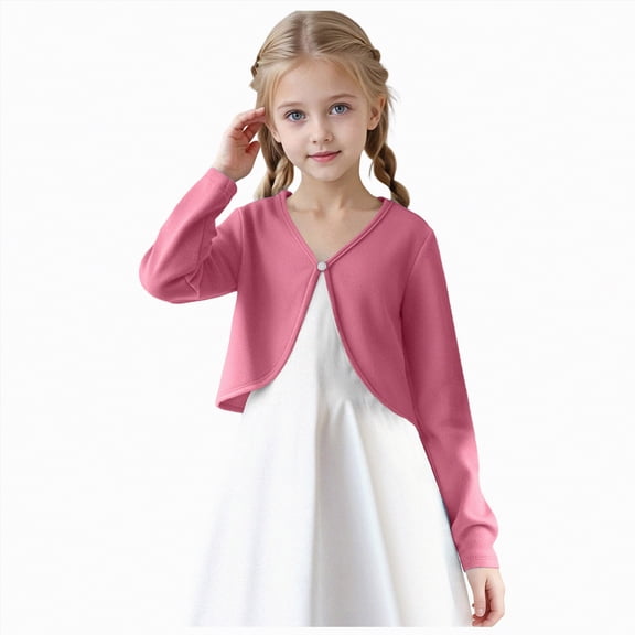 Xyant Girls Open Front Shrug Cardigan Kids Children Knit Long Sleeve Girls Bolero with Button Closure (Hot Pink,9-10 Years)