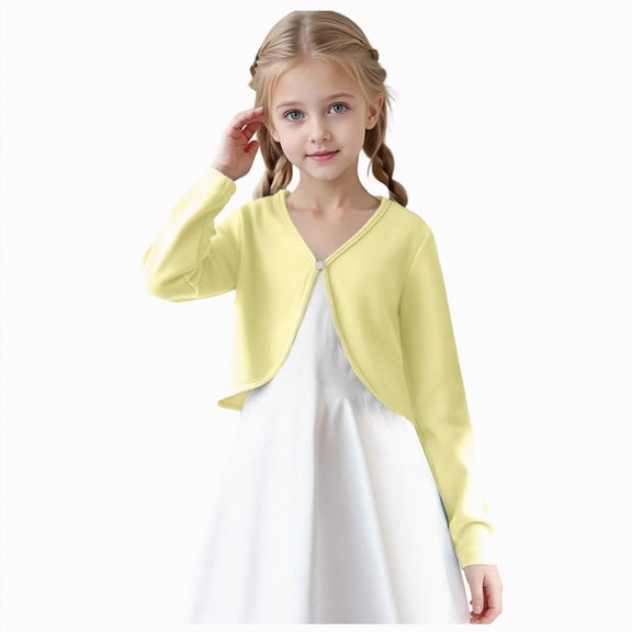 Xyant Girls Open Front Shrug Cardigan Kids Children Knit Long Sleeve Girls Bolero with Button Closure (Yellow,11-12 Years)