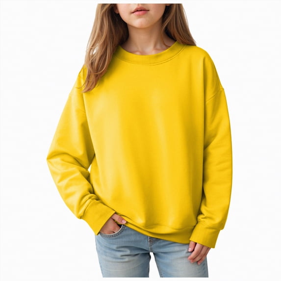 Xyant Girls Oversized Crewneck Sweatshirts Kids Fashion Fleece Drop Shoulder Pullover Solid Color Shirts Tops (Yellow,5-6 Years)