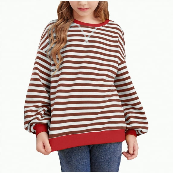 Xyant Girls Oversized Sweatshirt Striped Color Block Sweatshirts Crew Neck Long Sleeve Shirt Casual Loose Pullover Fall Winter Tops (Red,9-10 Years)