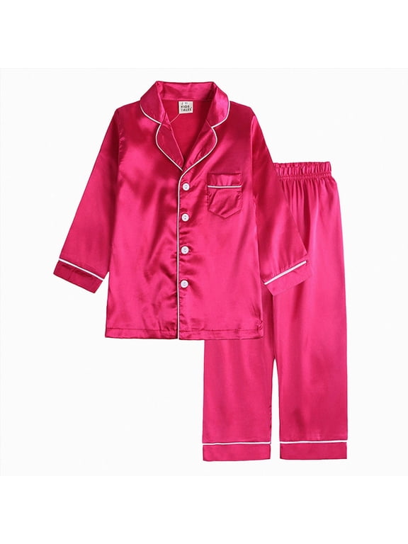 Girls Satin Pajamas Button-Down Silk Pjs Set for Girls Long Sleeve 2 Pieces Sleepwear Size 12-13 Years