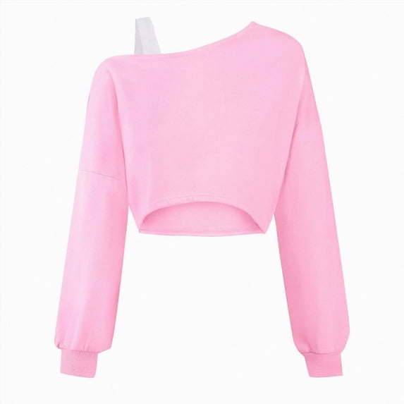 Xyant Girls Shirts Asymmetrical Long Sleeve Crop Top Cute One Shoulder Fall Winter Basic Tee Shirts (Pink,5-6 Years)