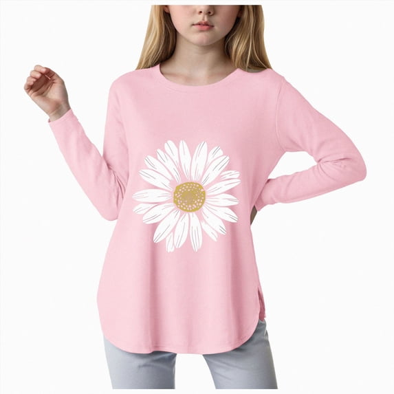 Xyant Girls Shirts Casual Crewneck Warm Long Sleeve Graphic Tee Trendy Tops Fall Little Girl Shirts (Pink,13-14 Years)