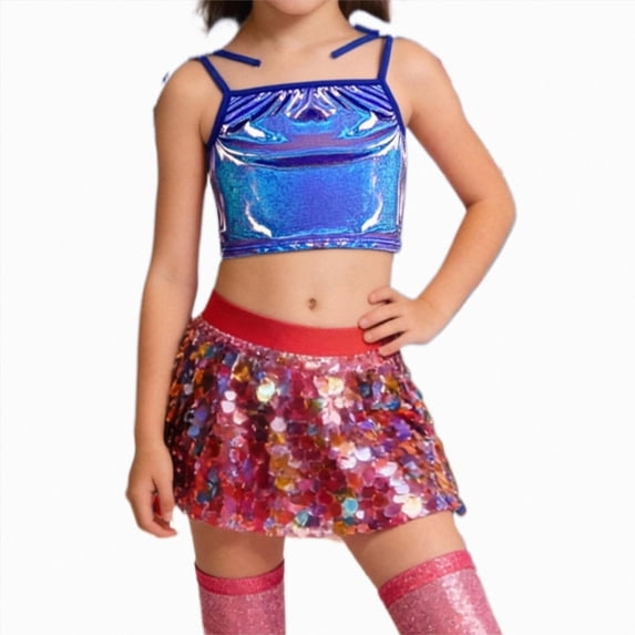 Xyant Girls Sleeveless Tank Top Sequin Spaghetti Strap Crop Cami Camisole Sparkly Dance Blouse (Blue,11-12 Years)