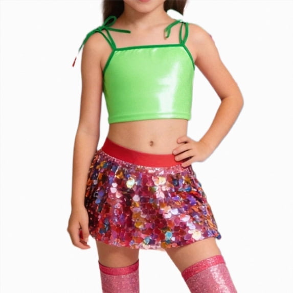 Xyant Girls Sleeveless Tank Top Sequin Spaghetti Strap Crop Cami Camisole Sparkly Dance Blouse (Green,11-12 Years)