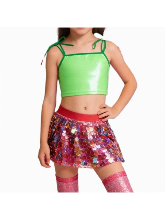 Girls Sleeveless Tank Top Sequin Spaghetti Strap Crop Cami Camisole Sparkly Dance Blouse (Green,7-8 Years)