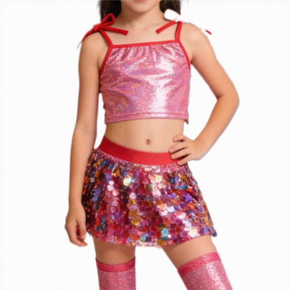 Xyant Girls Sleeveless Tank Top Sequin Spaghetti Strap Crop Cami Camisole Sparkly Dance Blouse (Red,7-8 Years)