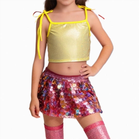 Xyant Girls Sleeveless Tank Top Sequin Spaghetti Strap Crop Cami Camisole Sparkly Dance Blouse (Yellow,9-10 Years)