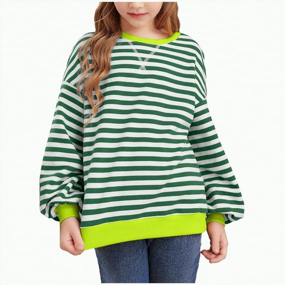 Xyant Girls Striped Crewneck Sweatshirt Kids Long Sleeve Oversized Fashion Pullover Color Block Tops Fall Winter Clothes (Light Green,3-4 Years)