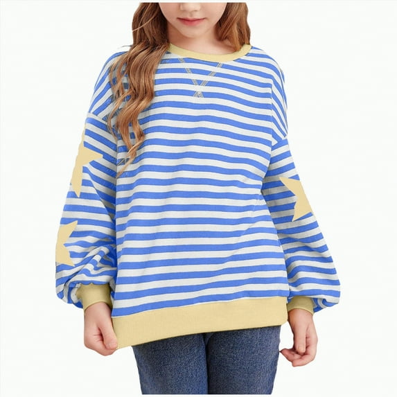 Xyant Girls Striped Crewneck Sweatshirt Kids Long Sleeve Oversized Fashion Pullover Color Block Tops Fall Winter Clothes (Sky Blue,6-7 Years)
